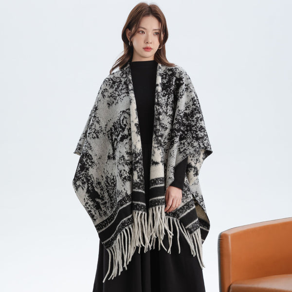 Elosung India Ink Painting Elegant Autumn Winter Shawl Artistic Split Design Knit Cloak With Oil Style Scarves & Wraps