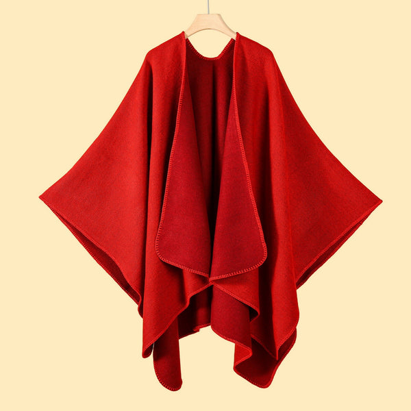 Red Elegant Autumn Winter Shawl Artistic Split Design Knit Cloak With Oil Painting Style Scarves & Wraps