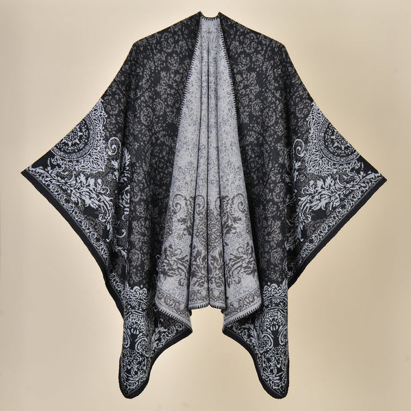 Elosung 1 Sets Of Palace Classical Black Elegant Autumn Winter Shawl Artistic Split Design Knit Cloak With Oil Painting Style Scarves & Wraps