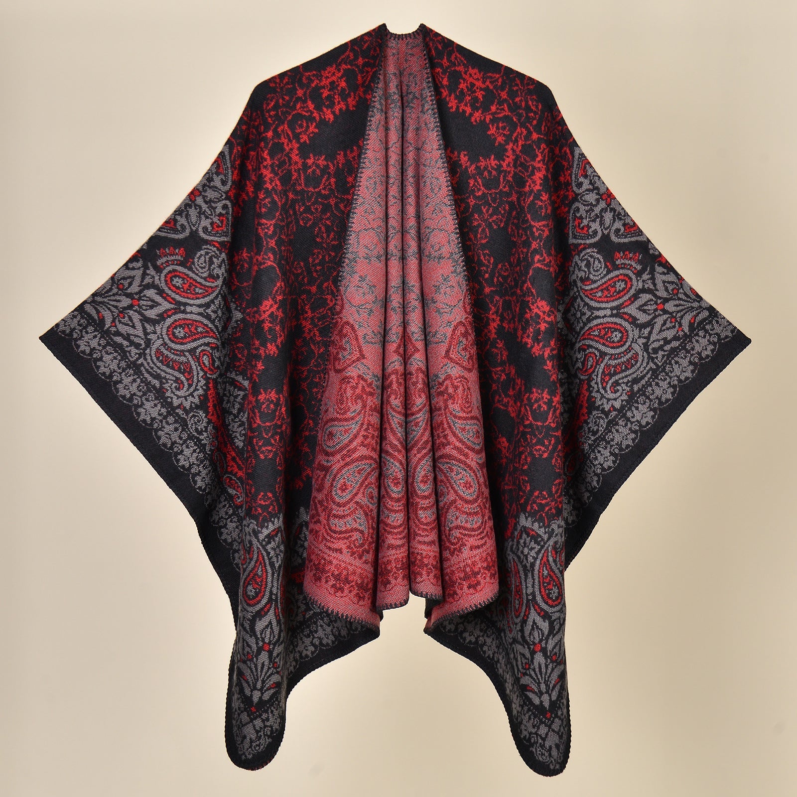 Cashew Crush Black Red Elegant Autumn Winter Shawl Artistic Split Design Knit Cloak With Oil Painting Style Scarves & Wraps