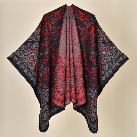 Cashew Crush Black Red Elegant Autumn Winter Shawl Artistic Split Design Knit Cloak With Oil Painting Style Scarves & Wraps