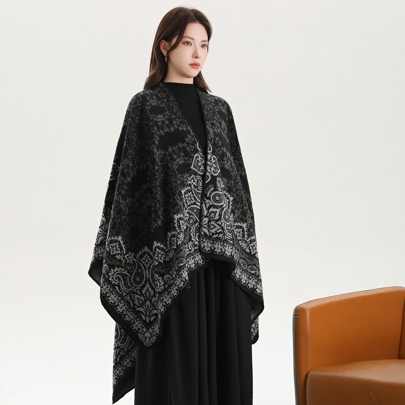 Cashew Crush Black Elegant Autumn Winter Shawl Artistic Split Design Knit Cloak With Oil Painting Style Scarves & Wraps