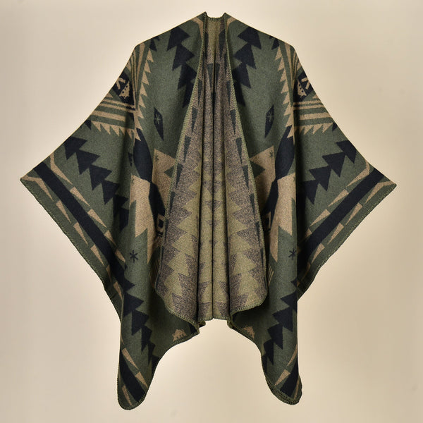 Elosung New Totem Diamond Green Elegant Autumn Winter Shawl Artistic Split Design Knit Cloak With Oil Painting Style Scarves & Wraps
