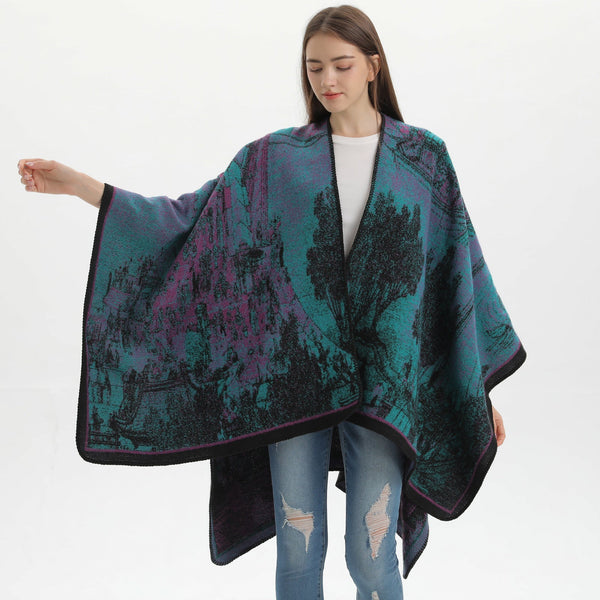 Elosung New Totem Diamond Green Elegant Autumn Winter Shawl Artistic Split Design Knit Cloak With Oil Painting Style Scarves & Wraps