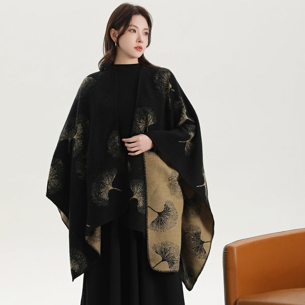 Ginkgo Biloba Black Gold Elegant Autumn Winter Shawl Artistic Split Design Knit Cloak With Oil Painting Style Scarves & Wraps