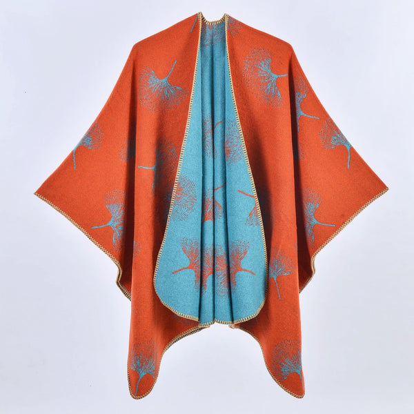 Ginkgo Biloba Orange Gold Elegant Autumn Winter Shawl Artistic Split Design Knit Cloak With Oil Painting Style Scarves & Wraps