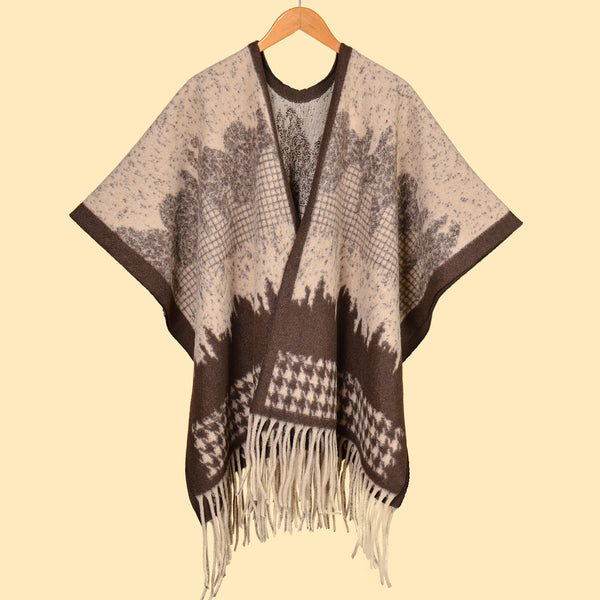 Far Hills Chidori Coffee Elegant Autumn Winter Shawl Artistic Split Design Knit Cloak With Oil Painting Style Scarves & Wraps