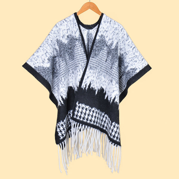 Far Hills Chidori Black And White Elegant Autumn Winter Shawl Artistic Split Design Knit Cloak With Oil Painting Style Scarves & Wraps