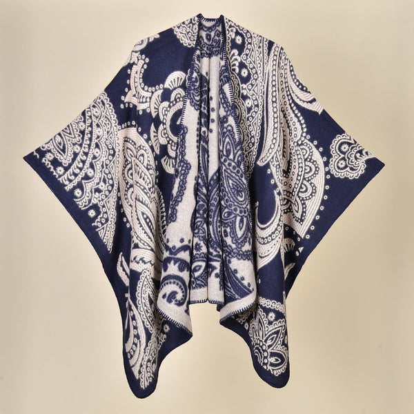 Cubic Cashew Navy Elegant Autumn Winter Shawl Artistic Split Design Knit Cloak With Oil Painting Style Scarves & Wraps