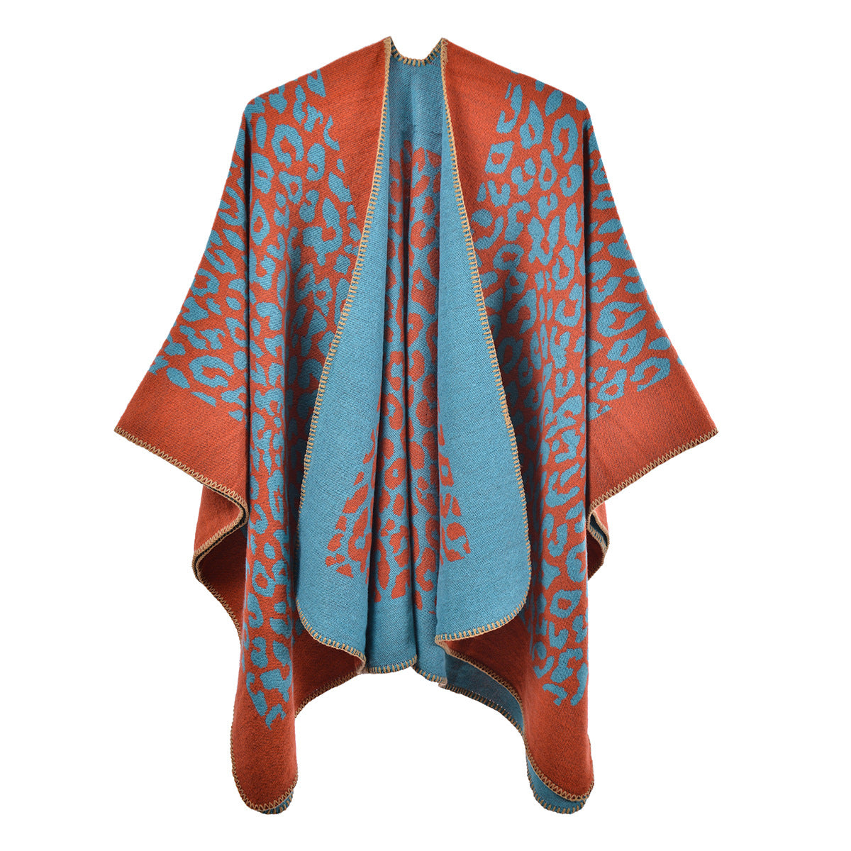Leopard Orange Elegant Autumn Winter Shawl Artistic Split Design Knit Cloak With Oil Painting Style Scarves & Wraps