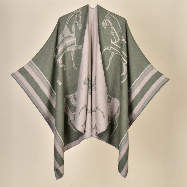 War Horse Green Elegant Autumn Winter Shawl Artistic Split Design Knit Cloak With Oil Painting Style Scarves & Wraps