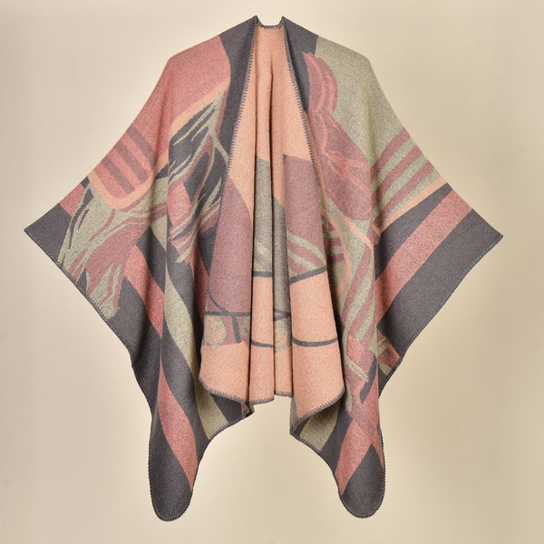 Dumas Pink Elegant Autumn Winter Shawl Artistic Split Design Knit Cloak With Oil Painting Style Scarves & Wraps