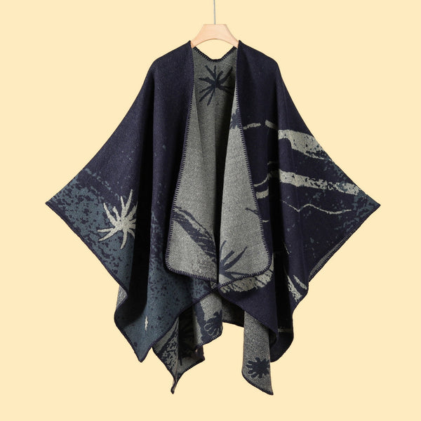 Starry Night Navy Elegant Autumn Winter Shawl Artistic Split Design Knit Cloak With Oil Painting Style Scarves & Wraps