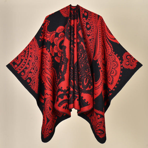 Cubic Cashew Black And Red Elegant Autumn Winter Shawl Artistic Split Design Knit Cloak With Oil Painting Style Scarves & Wraps