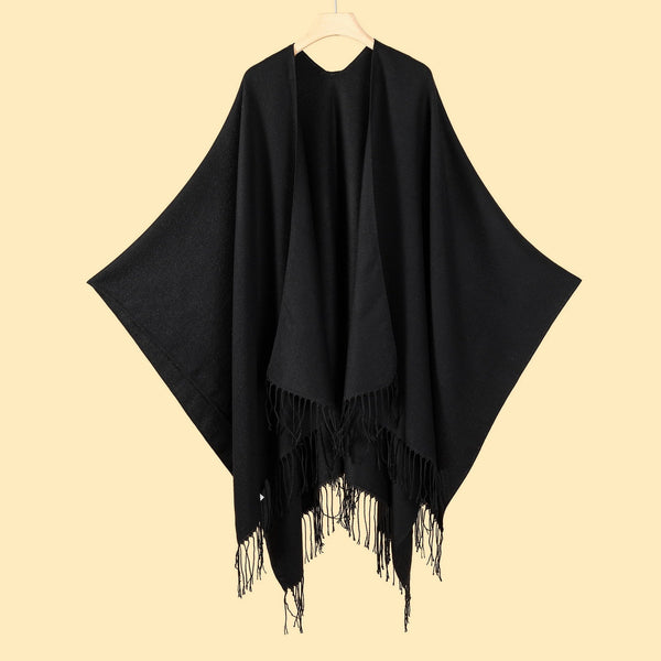 Fringed Black Elegant Autumn Winter Shawl Artistic Split Design Knit Cloak With Oil Painting Style Scarves & Wraps