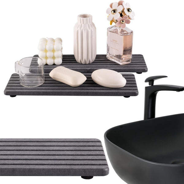 Upper And Lower Slots Dark Grey 2 Piece Rectangular Diatomaceous Earth Coaster Set Absorbent Grooved Mat For Sink And Bathroom Coasters
