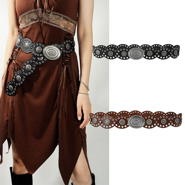 Black Western Post Apocalyptic Womens Waist Belt With Eyelet Oval Carvings Belts