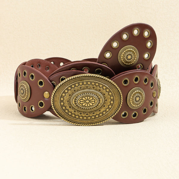 Bronze Reddish Brown Vintage Western Post Apocalyptic Women's Waist Belt With Eyelet Oval Carvings Belts