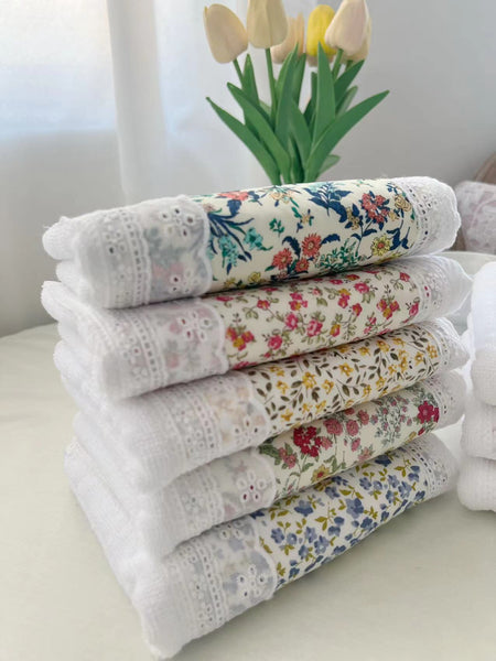 Elosung 2 Pcs Blue Small Flower 100% Cotton Solid Color Thickened Adult Face Towel With Floral Soft Texture 35 X 75Cm Towels & Washcloths