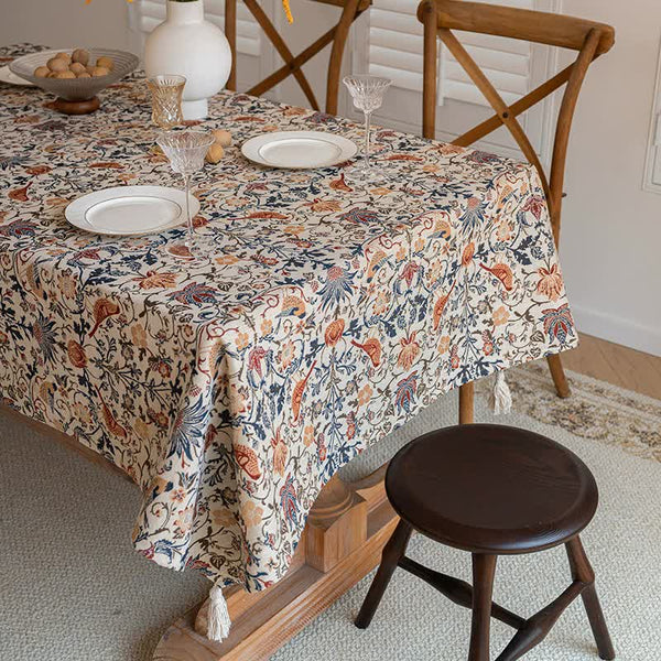 Elosung 1 Sets Of Floral Bird Tassel Tablecloth | Cotton And Linen Jacquard 90X90cm Table Cloths