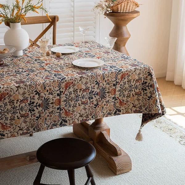 Elosung 1 Sets Of Floral Bird Tassel Tablecloth | Cotton And Linen Jacquard 90X90cm Table Cloths