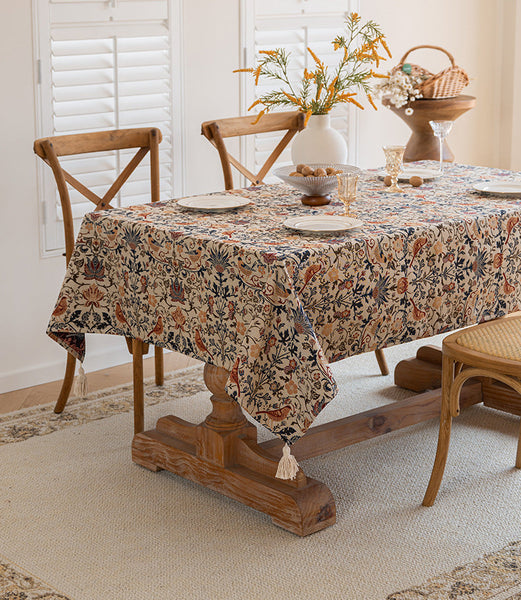 Elosung 1 Sets Of Floral Bird Tassel Tablecloth | Cotton And Linen Jacquard 90X90cm Table Cloths