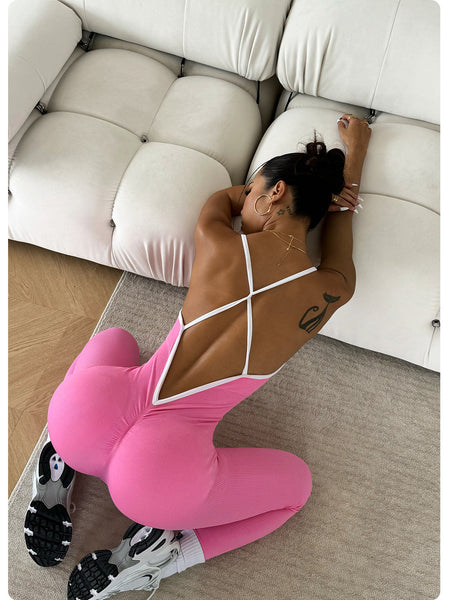 Pink Women's Sleeveless Yoga Bodysuit High Waisted Slim Fit Tracksuits & Sets