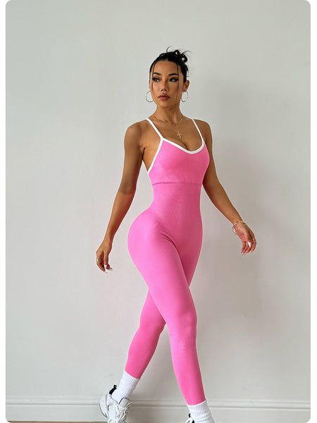 Pink Women's Sleeveless Yoga Bodysuit High Waisted Slim Fit Tracksuits & Sets