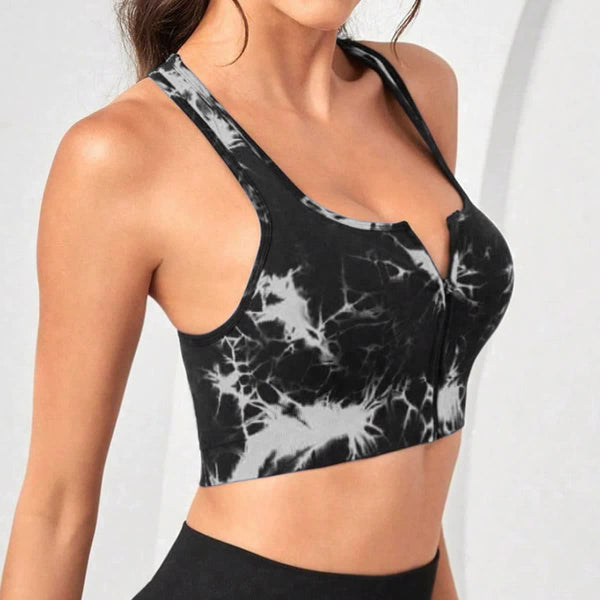 Women's Black Tie Dye Zip Up Sports Bra Shockproof Push Up Size S Sports Bras