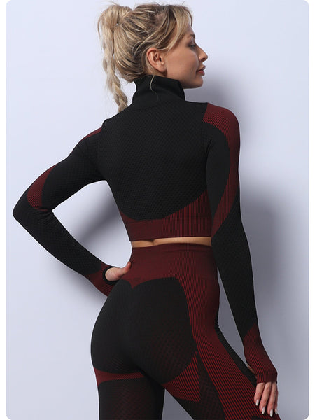 Elosung 1 Sets Of Black+Red High Waist Yoga For Women Sports Bra Long Sleeve Shirt & Leggings 3 Piece Workout Size Women Leggings