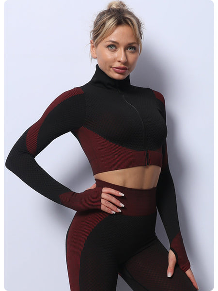 Elosung 1 Sets Of Black+Red High Waist Yoga For Women Sports Bra Long Sleeve Shirt & Leggings 3 Piece Workout Size Women Leggings
