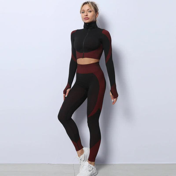 Elosung 1 Sets Of Black+Red High Waist Yoga For Women Sports Bra Long Sleeve Shirt & Leggings 3 Piece Workout Size Women Leggings
