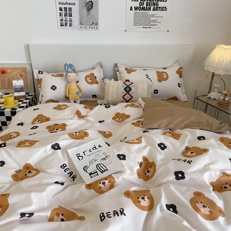 Cartoon Bear 4 Piece Bedding Set With Comforter And Pillowcases For Kids Soft Cute Linen (Comforter 150X200cm Sheet 160X230cm 48X47cm) Double Bed Comf