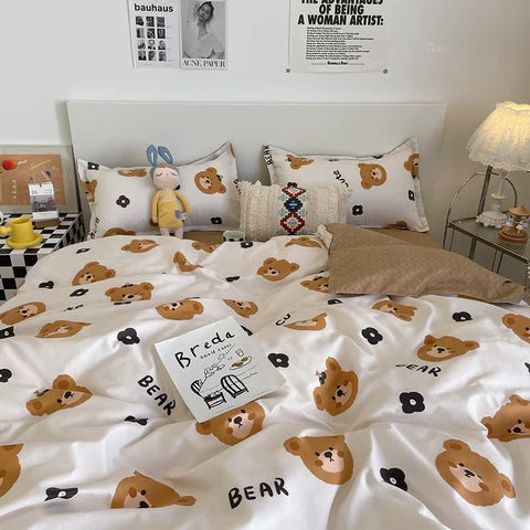 Cartoon Bear 4 Piece Bedding Set With Comforter And Pillowcases For Kids Soft Cute Linen (Comforter 150X200cm Sheet 160X230cm 48X47cm) Double Bed Comf