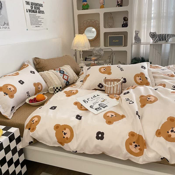 Cartoon Bear 4 Piece Bedding Set With Comforter And Pillowcases For Kids Soft Cute Linen (Comforter 150X200cm Sheet 160X230cm 48X47cm) Double Bed Comf