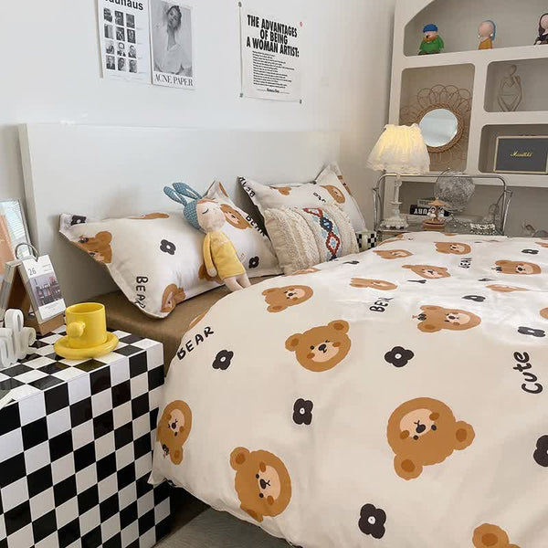 Cartoon Bear 4 Piece Bedding Set With Comforter And Pillowcases For Kids Soft Cute Linen (Comforter 150X200cm Sheet 160X230cm 48X47cm) Double Bed Comf