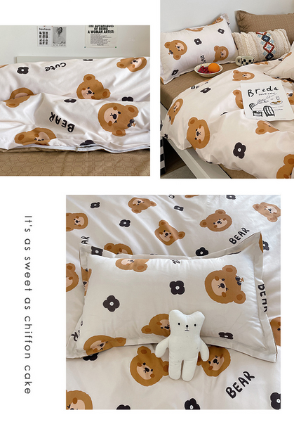 Cartoon Bear 4 Piece Bedding Set With Comforter And Pillowcases For Kids Soft Cute Linen (Comforter 150X200cm Sheet 160X230cm 48X47cm) Double Bed Comf
