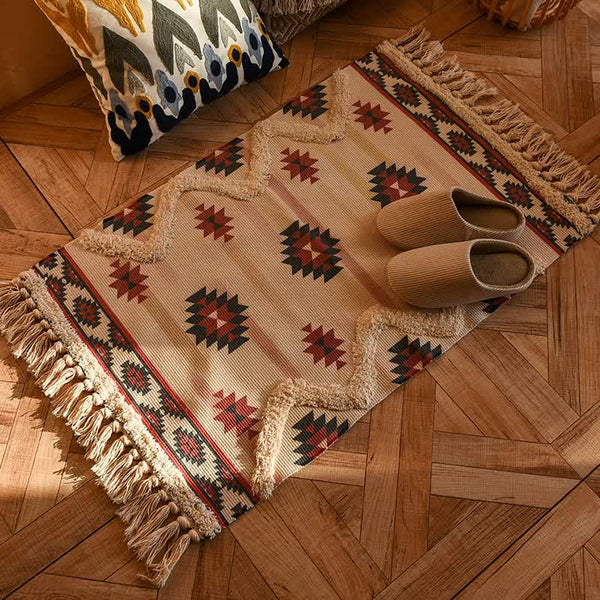 Handwoven Cotton Tassel Floor Rug For Bedroom Or Living Room|Soft Modern Geometric Design60x90cm Rugs