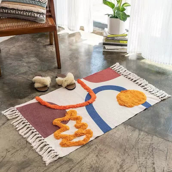 Elosung 1 Sets Of Handwoven Cotton Tassel Floor Rug For Bedroom Or Living Room|Soft Modern Geometric Design60x90cm Rugs
