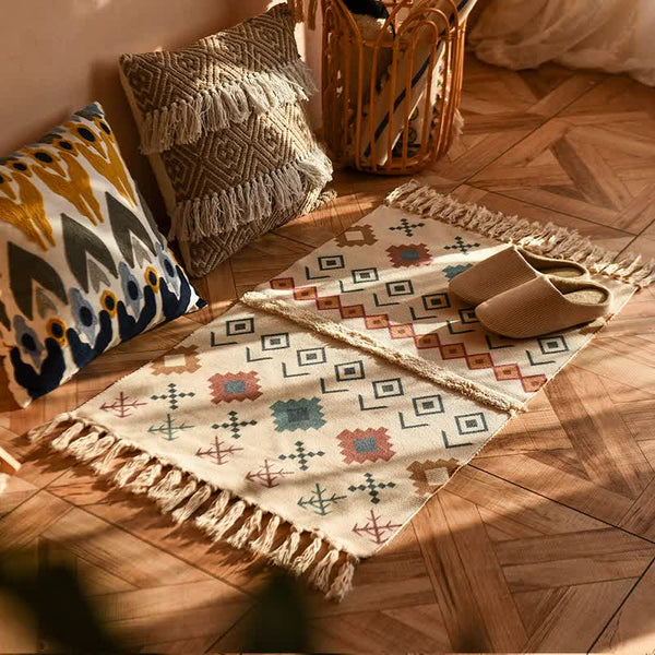 Elosung 1 Sets Of Handwoven Cotton Tassel Floor Rug For Bedroom Or Living Room|Soft Modern Geometric Design60x90cm Rugs