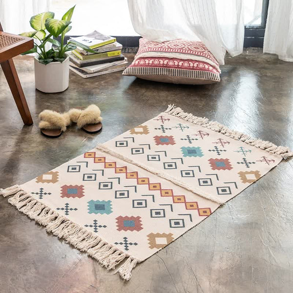 Elosung 1 Sets Of Handwoven Cotton Tassel Floor Rug For Bedroom Or Living Room|Soft Modern Geometric Design60x90cm Rugs