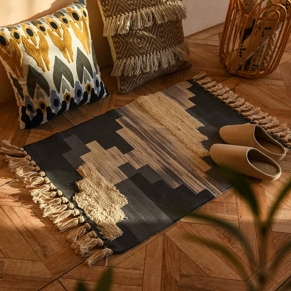 Elosung 1 Sets Of Handwoven Cotton Tassel Floor Rug For Bedroom Or Living Room|Soft Modern Geometric Design60x90cm Rugs