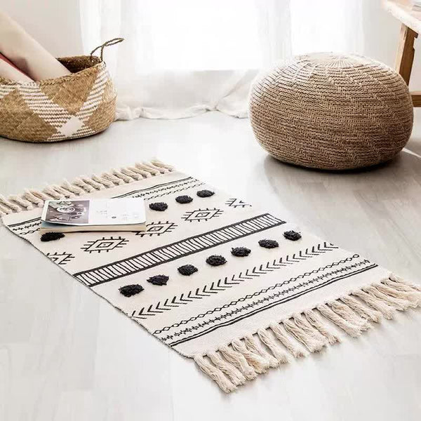 Handwoven Cotton Tassel Floor Rug For Bedroom Or Living Room|Soft Modern Geometric Design60x90cm Rugs