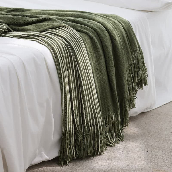Green Cozy Knit Throw Blanket With Fringe Stylish Striped Bed End Cover 127X170cm Throws & Afghans