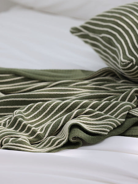 Green Cozy Knit Throw Blanket With Fringe Stylish Striped Bed End Cover 127X170cm Throws & Afghans