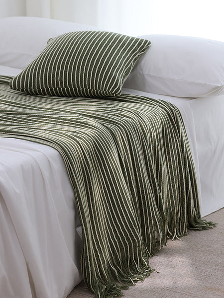 Green Cozy Knit Throw Blanket With Fringe Stylish Striped Bed End Cover 127X170cm Throws & Afghans
