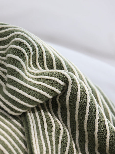 Green Cozy Knit Throw Blanket With Fringe Stylish Striped Bed End Cover 127X170cm Throws & Afghans