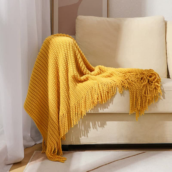 Yellow Premium Woven Knitted Throw Blanket With Tassels Soft Cozy Sofa & Bed Perfect For Office Or Afternoon Naps 127X172cm Throws & Afghans