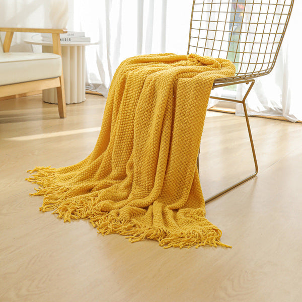 Yellow Premium Woven Knitted Throw Blanket With Tassels Soft Cozy Sofa & Bed Perfect For Office Or Afternoon Naps 127X172cm Throws & Afghans