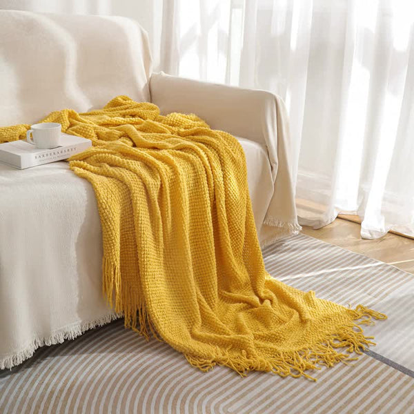 Yellow Premium Woven Knitted Throw Blanket With Tassels Soft Cozy Sofa & Bed Perfect For Office Or Afternoon Naps 127X172cm Throws & Afghans